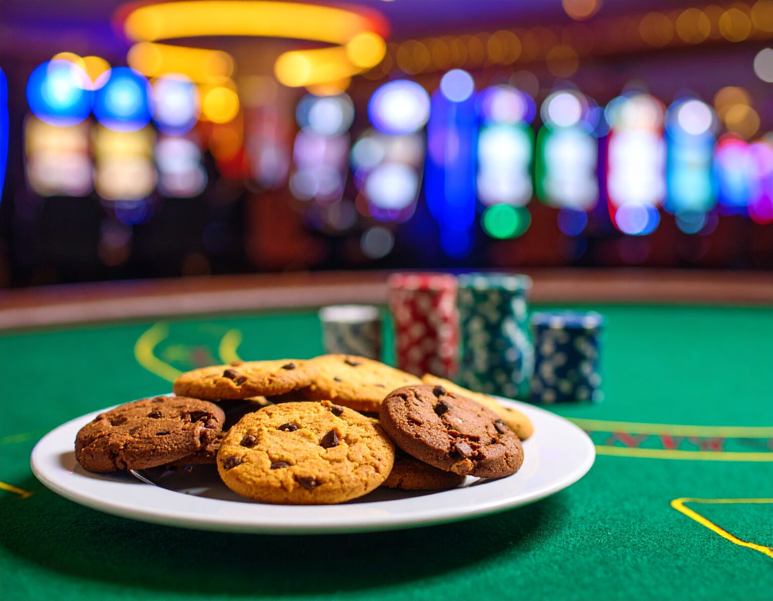 A plate of chocolate chip cookies sitting on a poker table in a colorful casino. AI generated image